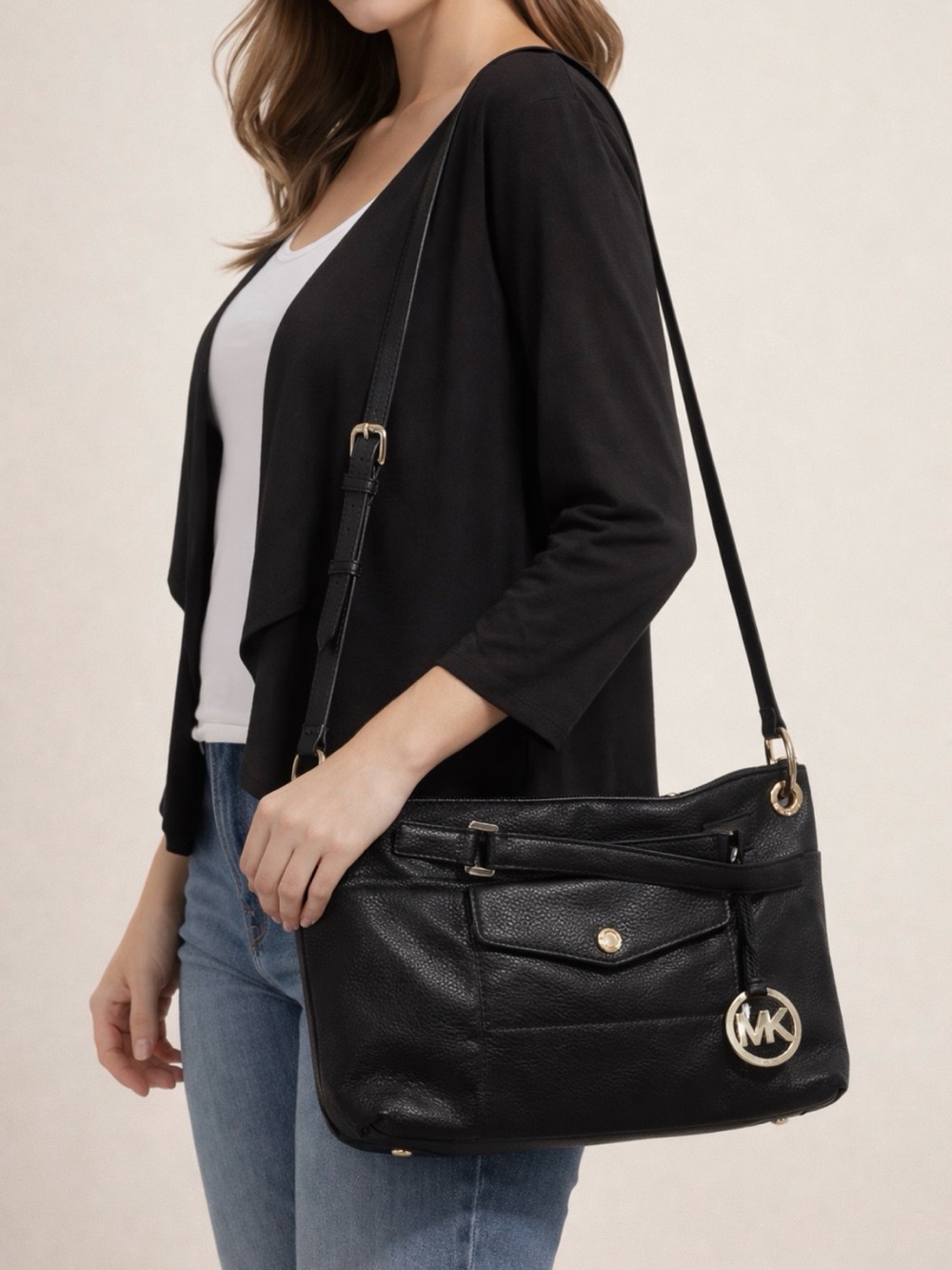 Michael Kors Black Leather Satchel with Gold Hardware